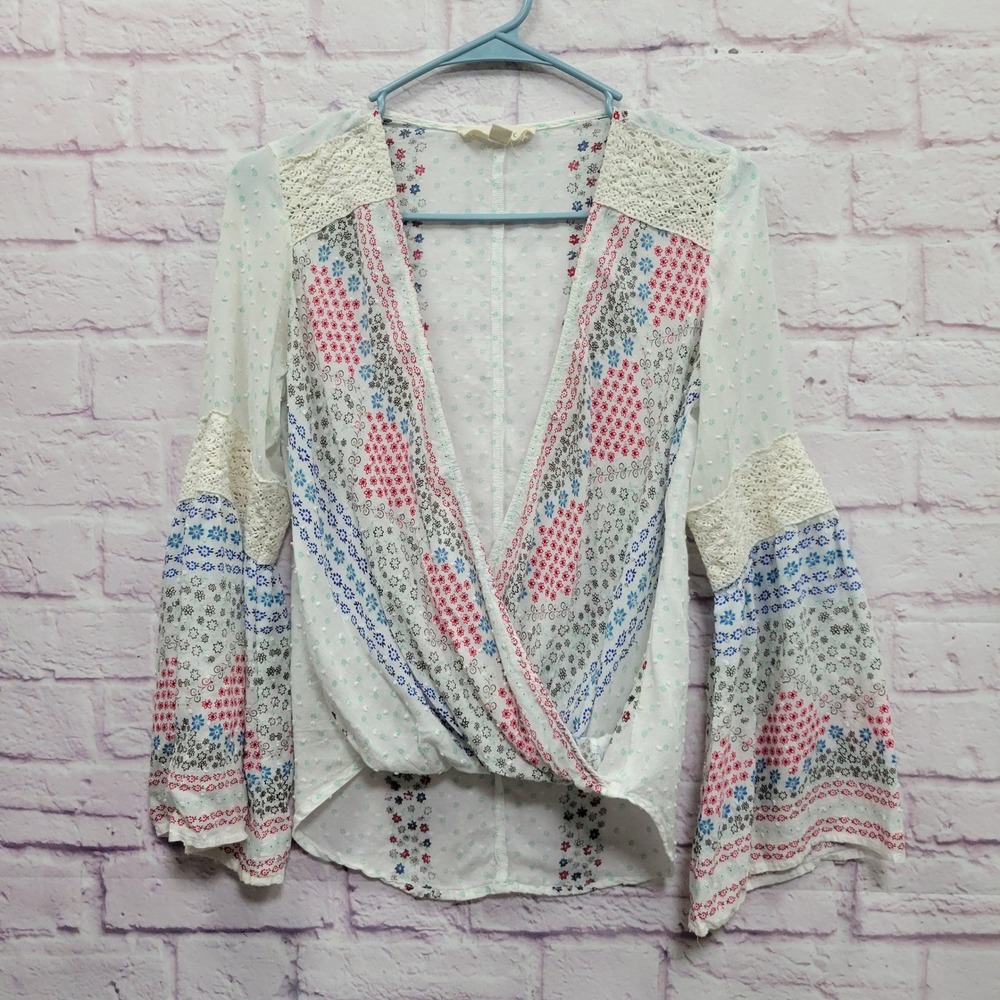 Lovestitch Boho Floral Surplice Wrap Blouse S Bell Sleeve Cottagecore Peasant